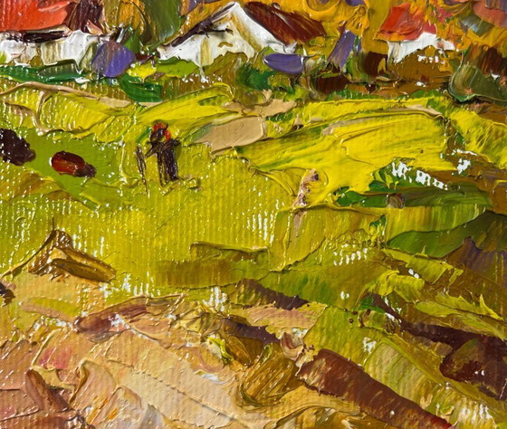 Image 1 of Origineel olieverfschilderij: Zomerlandschap, zonnige dag buiten het dorp