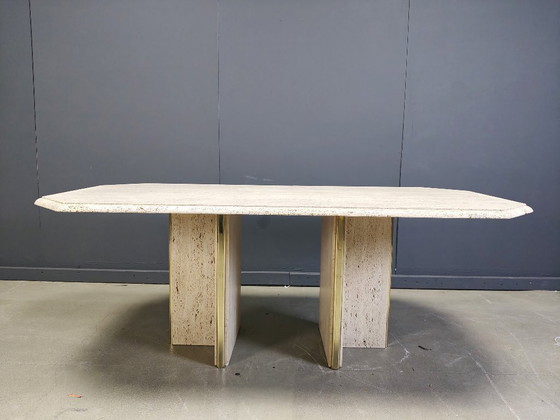 Image 1 of Vintage Italiaanse eettafel van travertijn en messing uit de jaren 70
