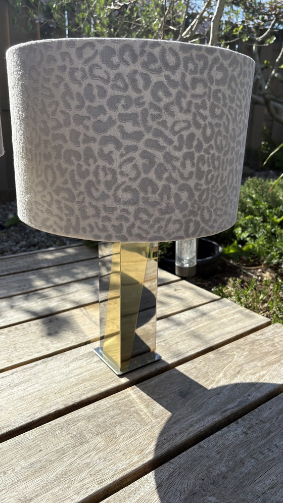 Image 1 of 2 x Paul Evans Skyscraper Style Set Table Lamps with Chrome and Gold Mirrors and Gray Panther Print