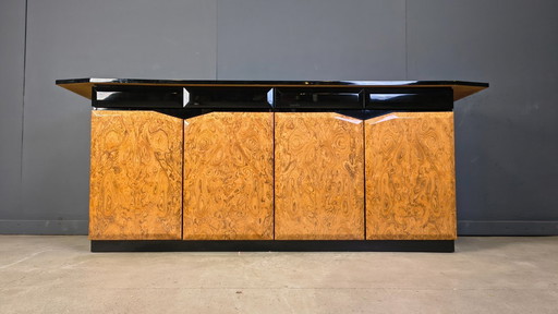 Vintage lacquer and burl wood credenza, 1980s