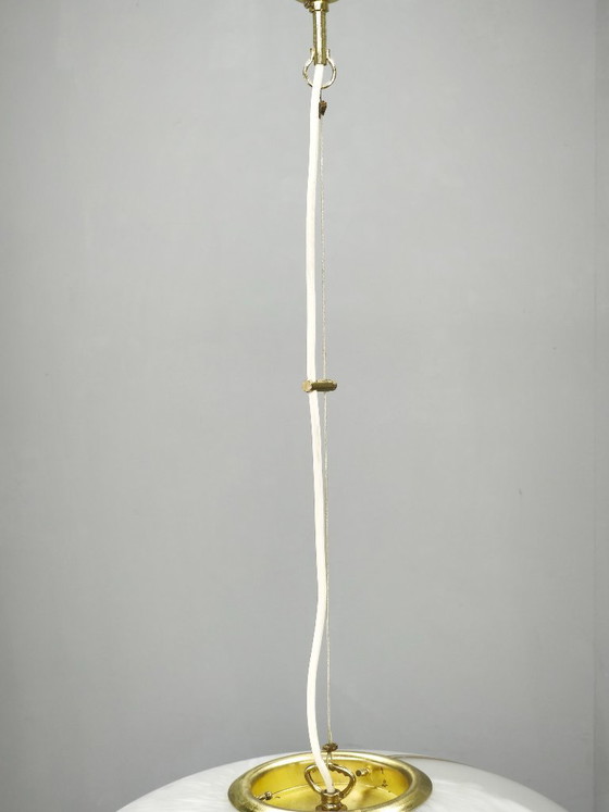 Lampada a Sospensione Italiana Vetro di Murano Ottone Globo Spirale Space Age Anni '70 – Lampadari, Brass (photo 5 of 11)