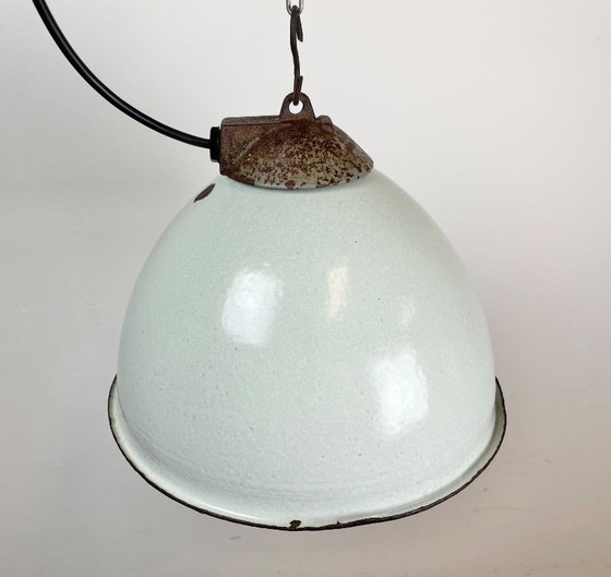 Image 1 of Industrial White Enamel Factory Lamp with Cast Iron Top, 1960s