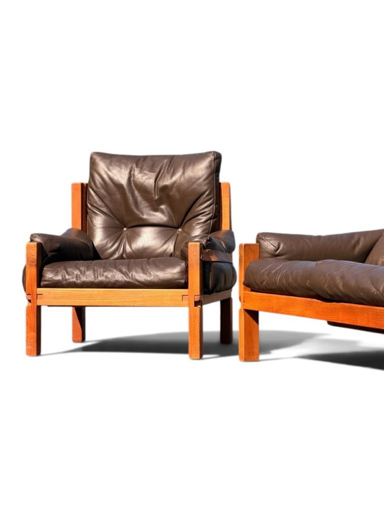 Auténtico conjunto de salón Pierre Chapo: sofá S32 y sillón S15 - Olmo y cuero (años 60) – Zona de estar (photo 5 of 23)