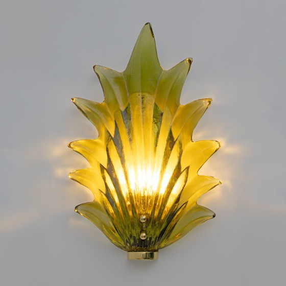 Image 1 of Pair Barovier & Toso Style Modern Italian Murano Glass Leaf Sconces