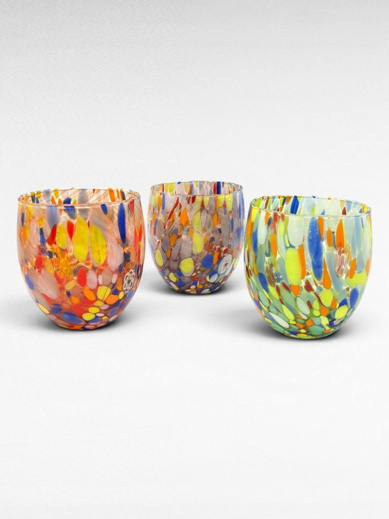 Image 1 of Set di 7 bicchieri in vetro soffiato veneziano con murrine Effetre Murano fuse nel vetro, hand made in italy.