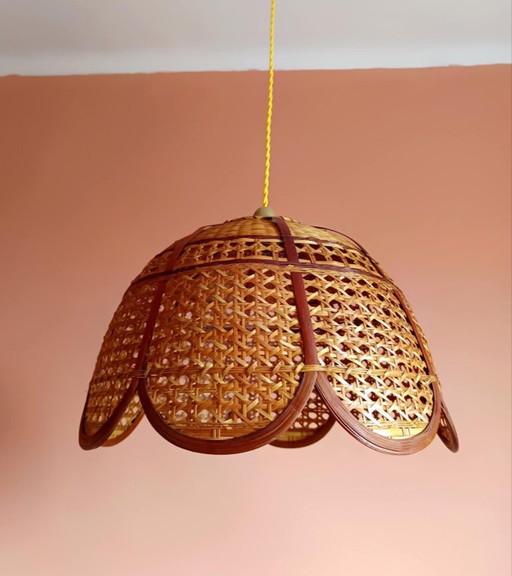 Grote vintage hanglamp van riet en rotan in bohemian stijl, jaren 70.