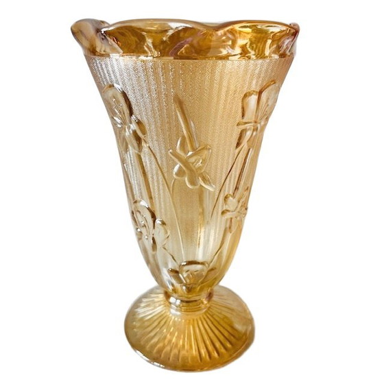 Image 1 of Paire de vases vintage Jeanette en verre Carnival, motif pêche, style Art déco, années 1930