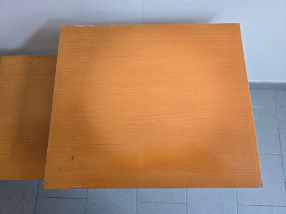 Image 1 of PAIR OF ASYMMETRICAL VINTAGE BEDSIDE TABLES FROM THE 1960s IN VARNISHED BEECH & BRASS