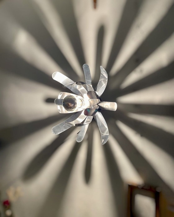 Vintage chrome steel flower Wall light, 70s, Space Age, Michel Boyer, Oxam, Metal, Silver (photo 4 of 6)