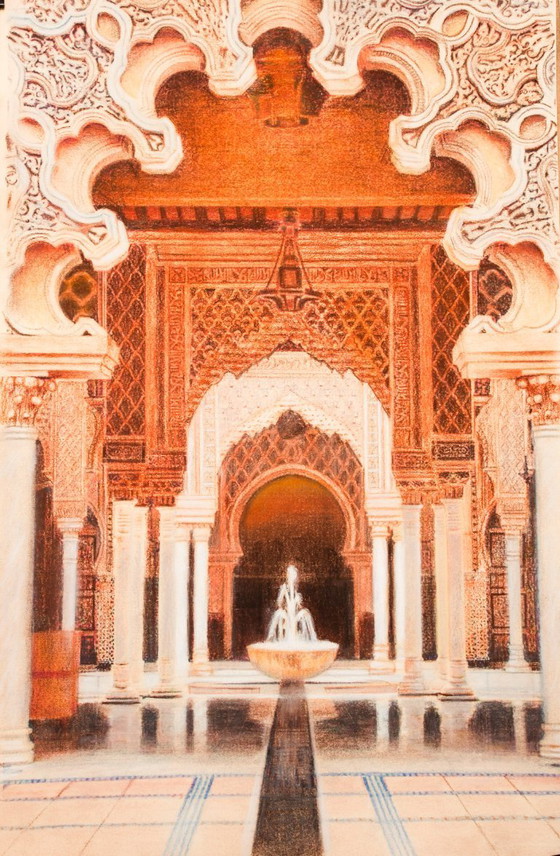 Image 1 of Drawing of a mosque in Malaysia. Mosque drawing. Mosque painting. Mozarabic art. Oriental architecture. Malaysian mosque.