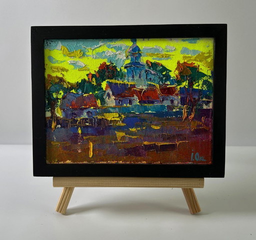 Original Oil Painting Rural Church Landscape The Sun Greets In The Morning – schilderijen tekeningen, Canvas