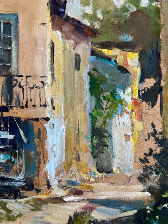 Image 1 of Origineel olieverfschilderij: Zomers straatlandschap, stadstuin in de zomer
