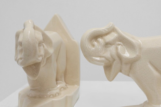 Image 1 of French Art Deco Ceramic Bookends in Elephant Motif, 1930s 