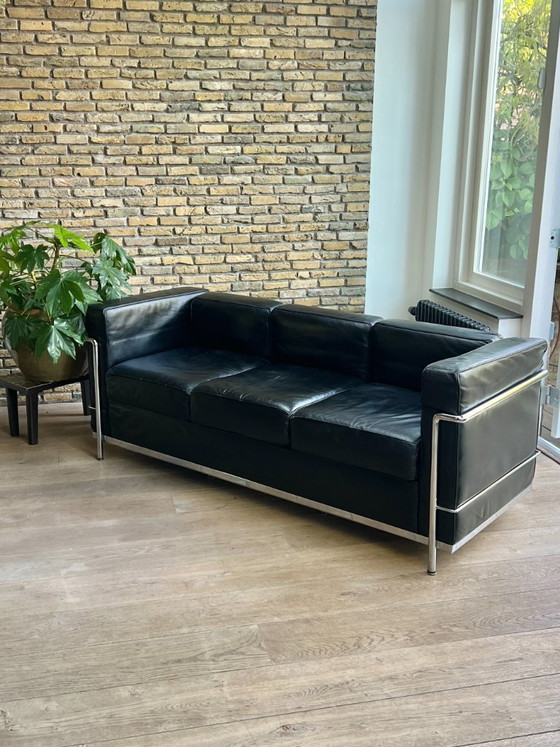 Image 1 of Le Corbusier Style Sofa Replica LC3 - Black Leather Designer Sofa