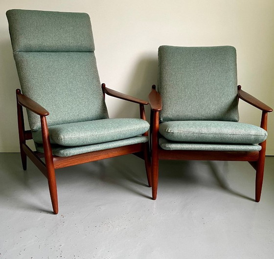 Image 1 of Vintage Deense teakhouten loungestoelen van Poul Volther: fauteuils in mid-century modern stijl.
