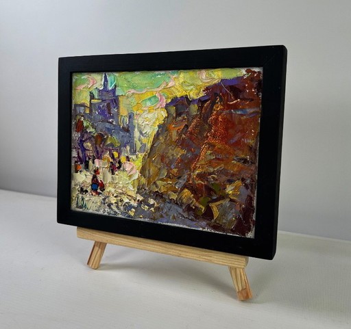 Original Oil Painting Evening City Landscape Old fortress that remembers centuries