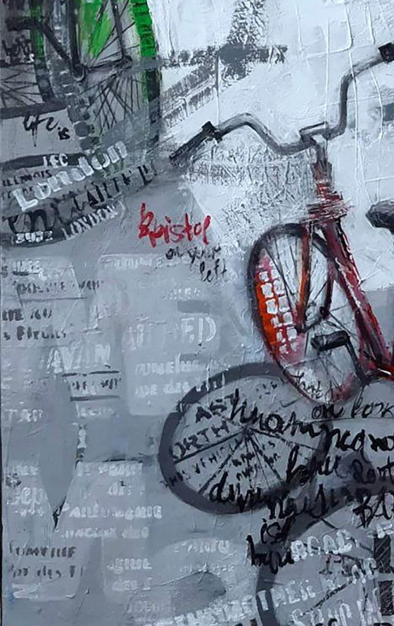 Original Acrylic Painting Contemporary Art Symbolism Along the Streets on Bicycles – Paintings & Drawings (photo 5 of 6)