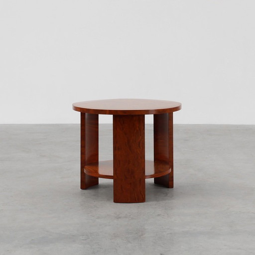 Round Art Deco coffee table in burl veneer, France ca. 1920