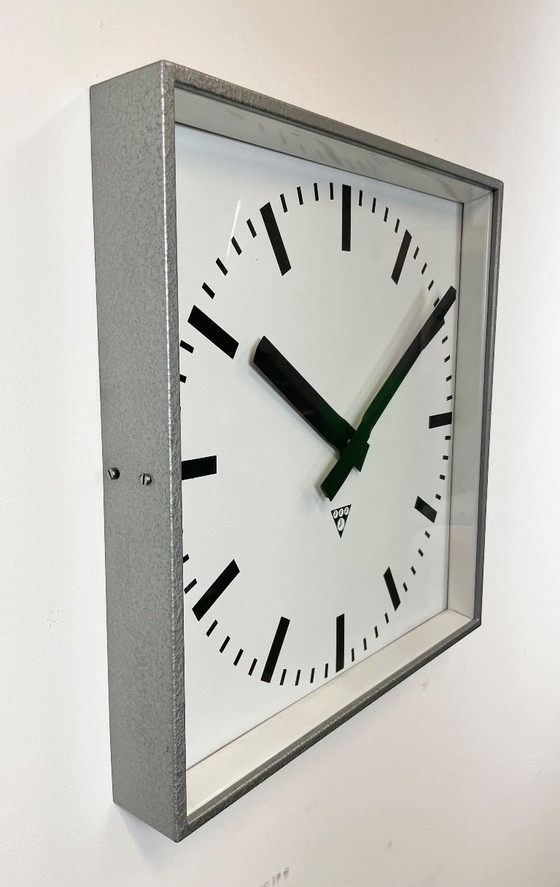 Image 1 of Large Grey Industrial Square Wall Clock from Pragotron, 1970s