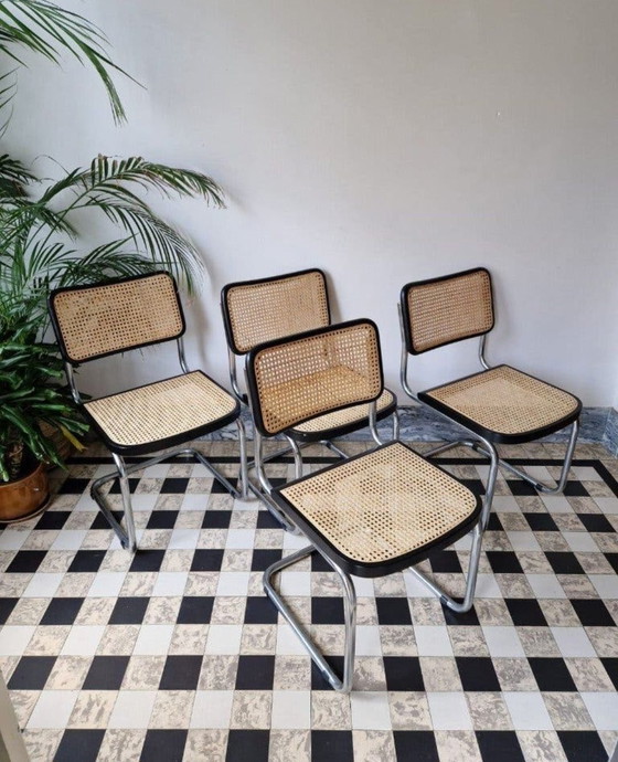 4 stoelen Marcel Breuer, sesca, Eetkamerstoelen, Rotan, Hout, Beige (foto 3 van 7)