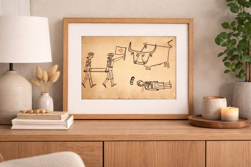 Vintage Mid-Century Tekening | Spaanse Stier & Matador | Outsider Art Gallery Wall