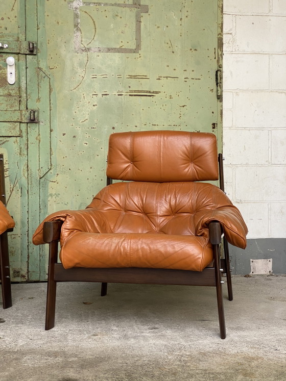 Image 1 of PERCIVAL LAFER | Fauteuil lounge MP-41 en cuir cognac, fabriqué au Brésil, lot de 2, rare