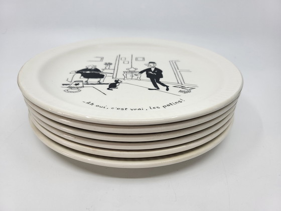 Image 1 of Sprechende Teller Saint Amand Illustration von Jacques Faizant Fayence Frankreich 1970 (6er Set)
