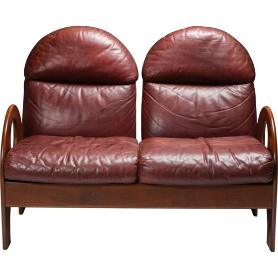 Image 1 of Vintage Gae Aulenti 'Arcata' Love Seat in Walnut and Burgundy Leather 1968