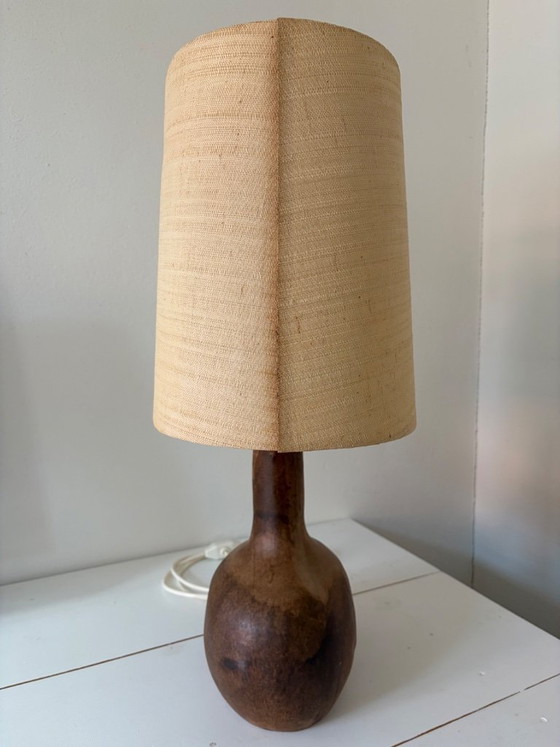 Image 1 of Ceramic table lamp with raffia shade – studio ceramics, matte flow glaze, 1960s/70s