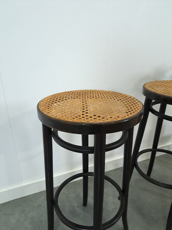 Image 1 of Set of 1950s wooden bar stools with webbing from France