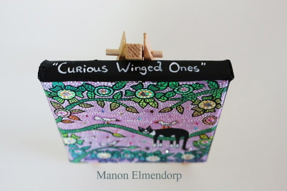 Image 1 of Cuadro único pintado a mano con burro, gato y pájaros