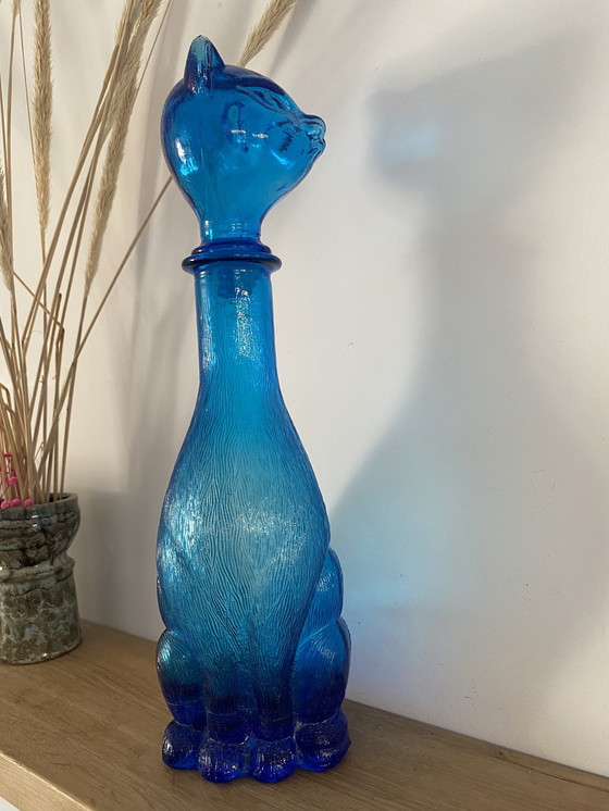 Image 1 of Vintage laserblauwe figuurlijke kat Empoli art glazen karaf/fles, Italië
