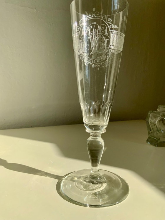 Image 1 of Bicchiere da vino/champagne in cristallo antico inciso a mano - Monogrammato - Circa 1900