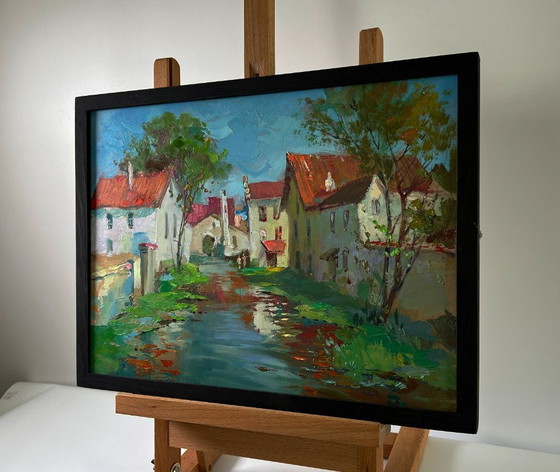 Original Oil Painting Rural Landscape Village Stream – Paintings & Drawings, Mdf (photo 3 of 10)