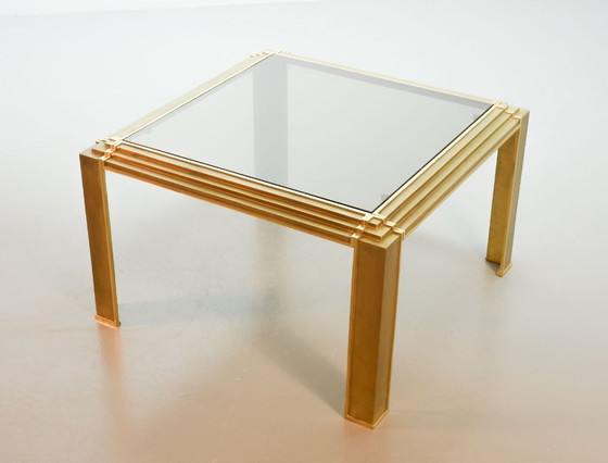 Image 1 of Hollywood Regency Solid Brass Square Coffee Table with Smokey Glass Top Attributed to Peter Ghyczy, 1970s. 