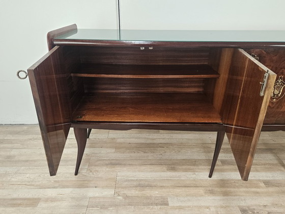 Image 1 of Mid-Century Mahogany Sideboard with Teal Glass and Compartments with Drawers, 1950