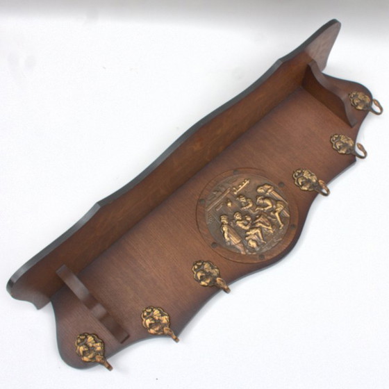 Image 1 of Vintage authentic antique coat rack with embossed scene, hat shelve clothing hanger hallway eye-catcher 32.68 inch 83 cm