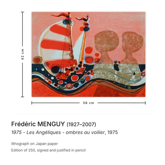 Frédéric Menguy signierte Lithographie 1975 – Les Angéliques – Ombres Au Voilier – Lithographien & Drucke (photo 3 of 5)