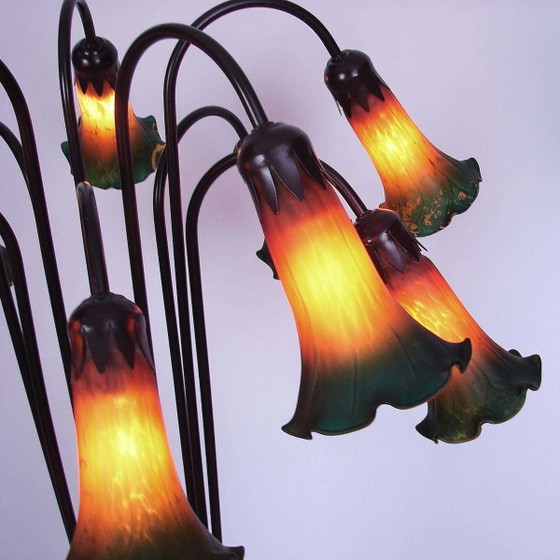Image 1 of Large Art Nouveau Lily Floor Lamp in Tiffany Style | 10 Light Points | Paste Glass