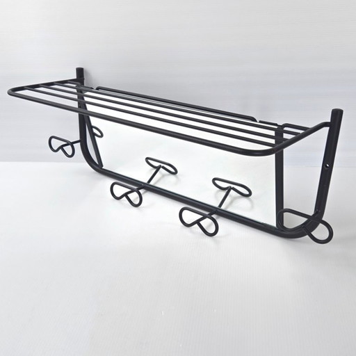 Vintage 1950s Rockabilly Wall-Mounted Coat Rack with Mirror, Black Lacquered Metal