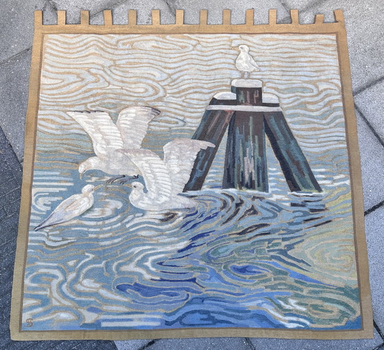 Image 1 of Monumental Art Deco Tapestry - Seagulls at Dukdalf - ca. 1930 - Handcrafted with Monogram.