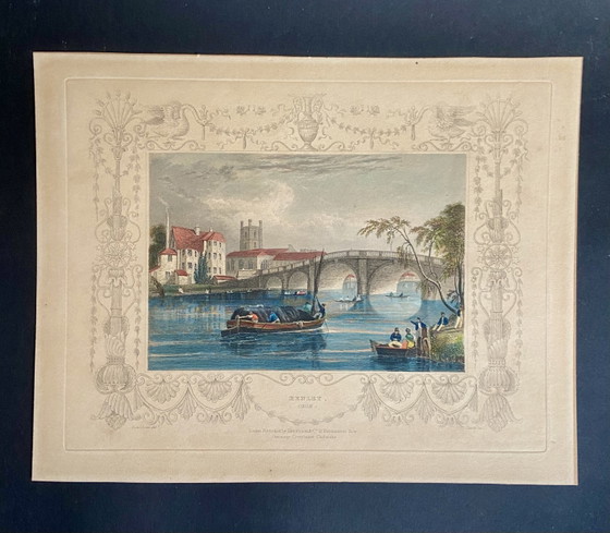 Image 1 of Pair of Antique Hand-Coloured English Engravings by Tombleson – Marlow & Henley – Framed Views of the Thames – c.1830-1850