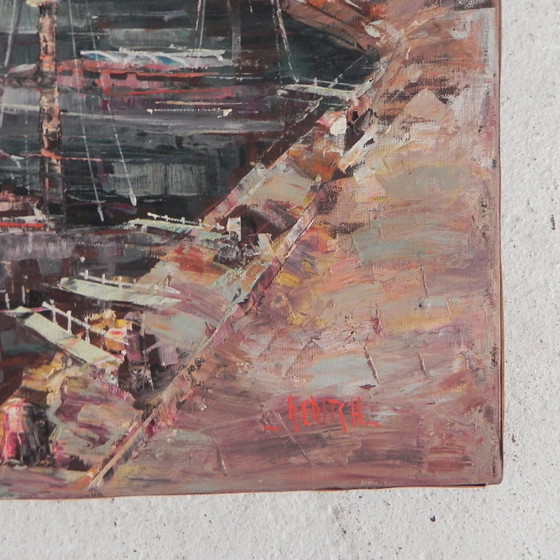 Image 1 of Peinture d'un paysage urbain avec un port, Harry Dedic, années 1960