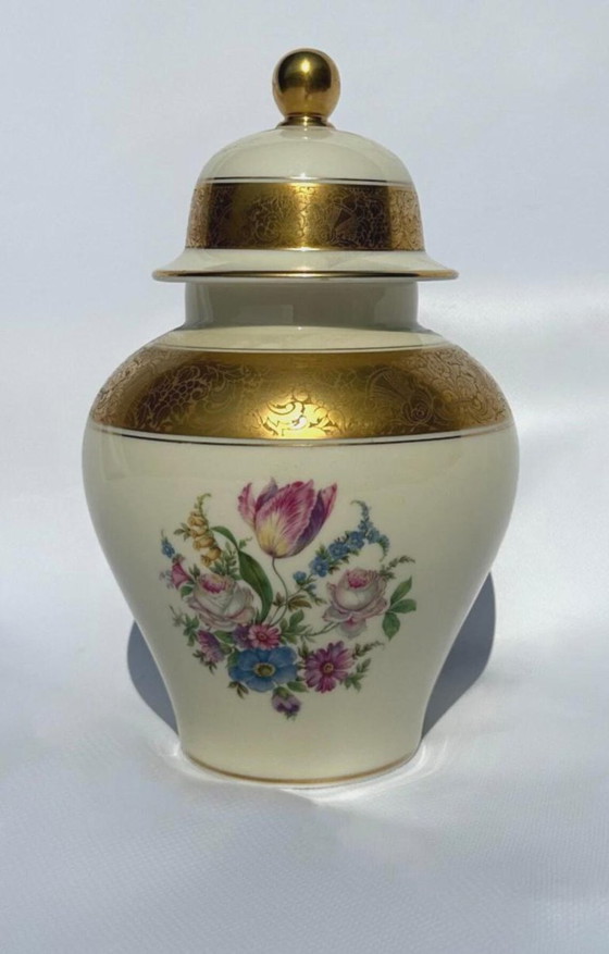 Vaso anfora in porcellana con coperchio Rosenthal, doratura e fiori dipinti, Vasi, Crema, Klassiek (foto 3 di 7)
