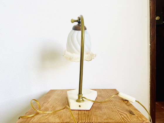 Image 1 of Elegant swan neck adjustable table lamp with marble base and glass tulip lampshade, 1960s