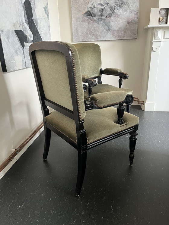 French Armchairs, Black Lacquered Wood, Olive Green Velvet (photo 12 of 15)