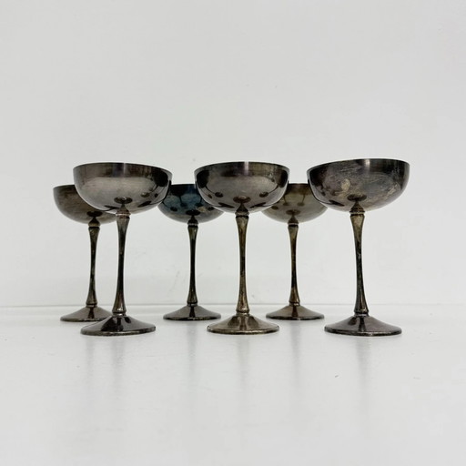 Set di 6 coppe da champagne in ottone argentato, anni '70 Italia