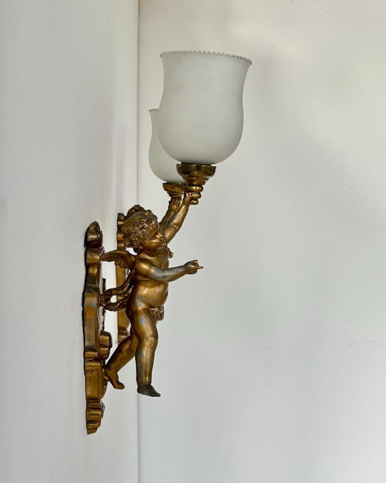 Paire D'Appliques Vintage En Métal Doré Et Opaline, Italie 1950 – Appliques murales, Glass (photo 6 of 6)