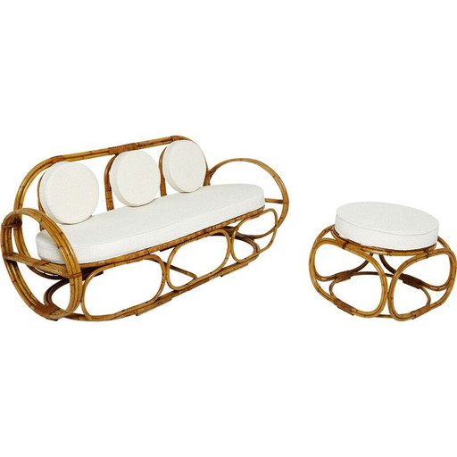 Canapé italien vintage à 3 places et repose-pieds en bambou et laine, années 1960