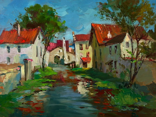 Original Oil Painting Rural Landscape Village Stream – schilderijen tekeningen, Mdf